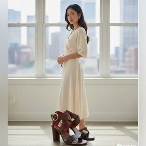 LOUIS VUITTON 
Calfskin Monogram Ocean Drive Heeled Sandals 37 Cognac